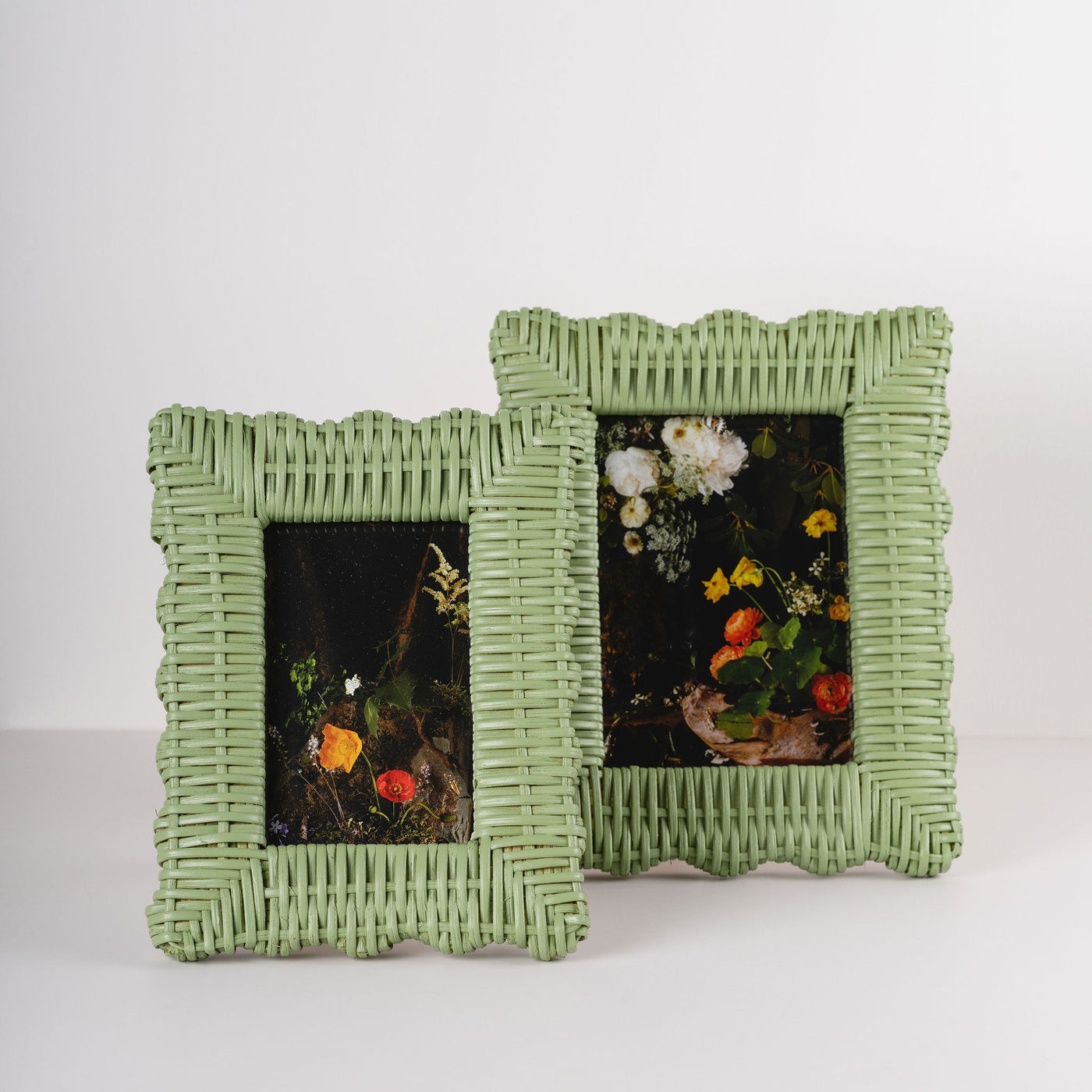 Woven rattan picture frames in green — two sizes shown together ...