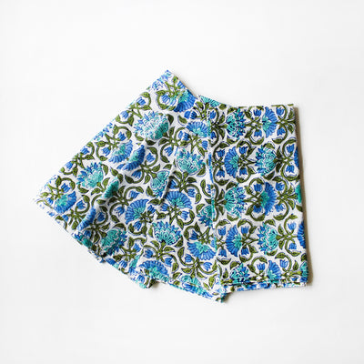 blue and green floral block print napkin set