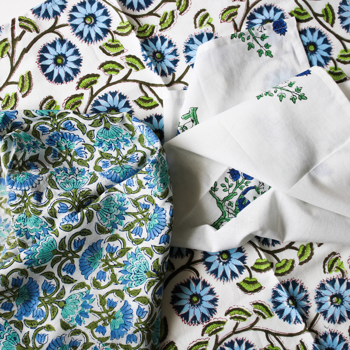 blue and green block print dinner napkins