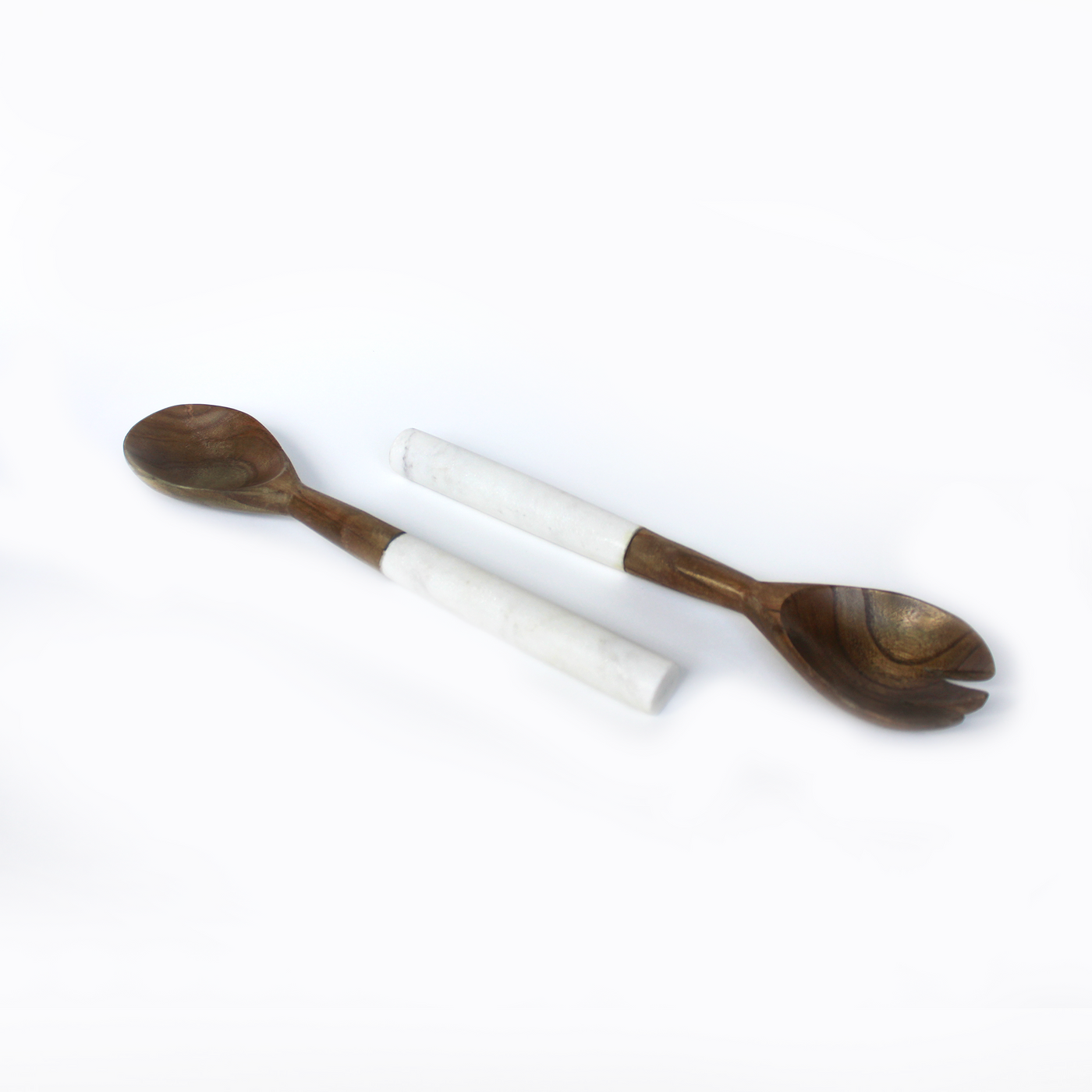 white marble and wood salad server set