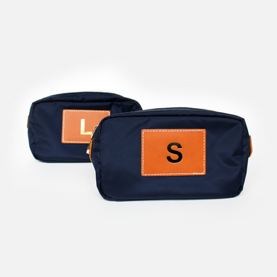 navy nylon cosmetic bag with initial