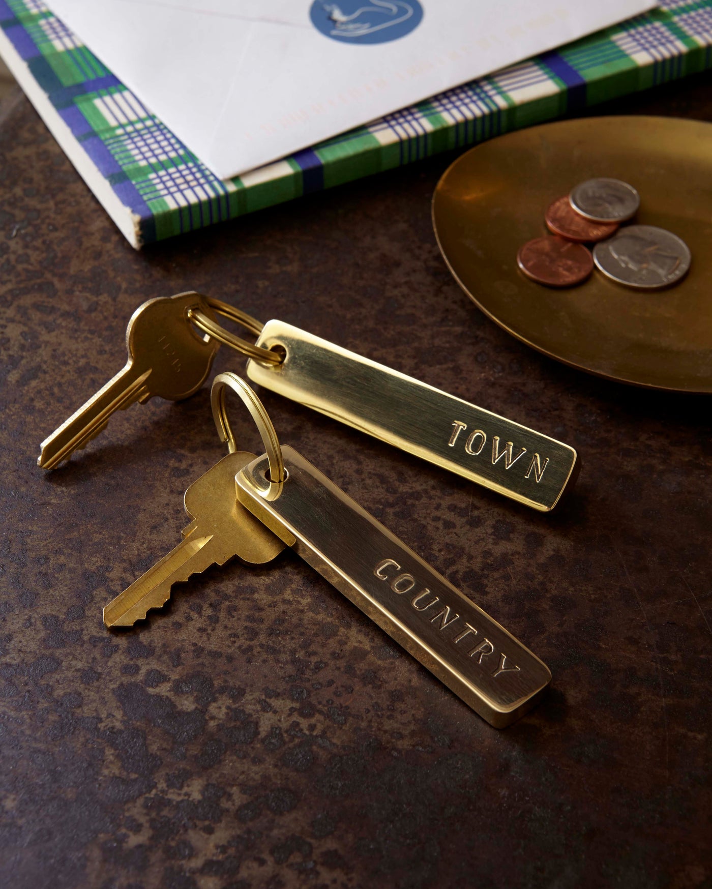 town and country brass key chain set
