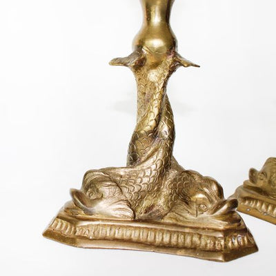 mid-century brass dolphin candle holder set
