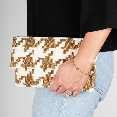 Gold and White Beaded Envelope Clutch